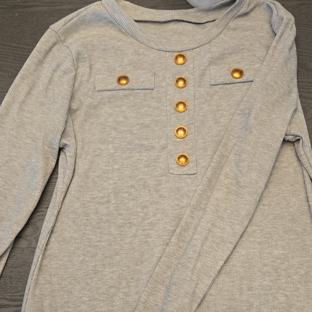 Gray Long Sleeve Dress with Gold Buttons